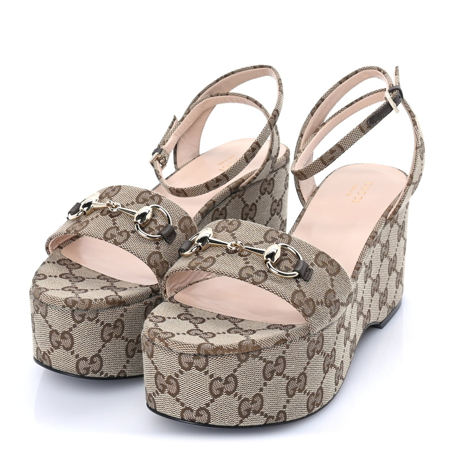Gucci Monogram Nappa Chalotte Horsebit Ankle Strap 75mm Platform Sandals 39  Beige Ebony Image 2