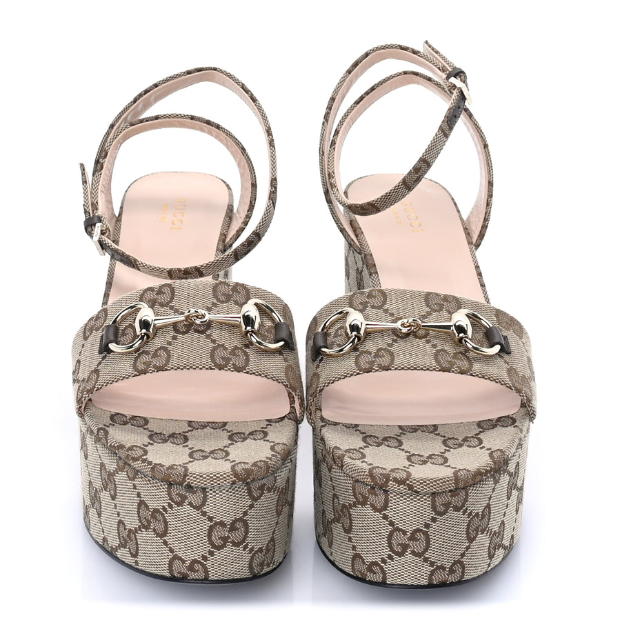 Gucci Monogram Nappa Chalotte Horsebit Ankle Strap 75mm Platform Sandals 39  Beige Ebony Image 3