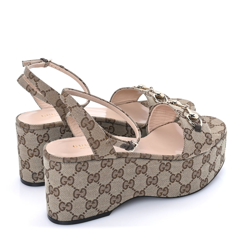 Gucci Monogram Nappa Chalotte Horsebit Ankle Strap 75mm Platform Sandals 39  Beige Ebony Image 4