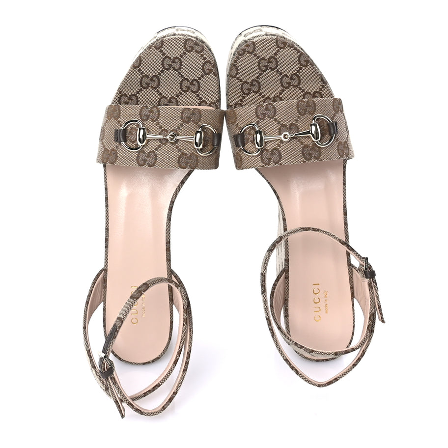 Gucci Monogram Nappa Chalotte Horsebit Ankle Strap 75mm Platform Sandals 39  Beige Ebony Image 5