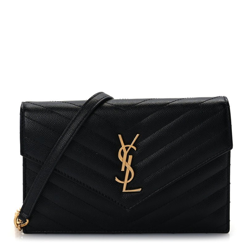  Saint Laurent Grain De Poudre Matelasse Chevron Monogram Envelope Chain Wallet Black