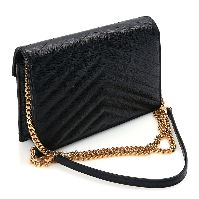  Saint Laurent Grain De Poudre Matelasse Chevron Monogram Envelope Chain Wallet Black
