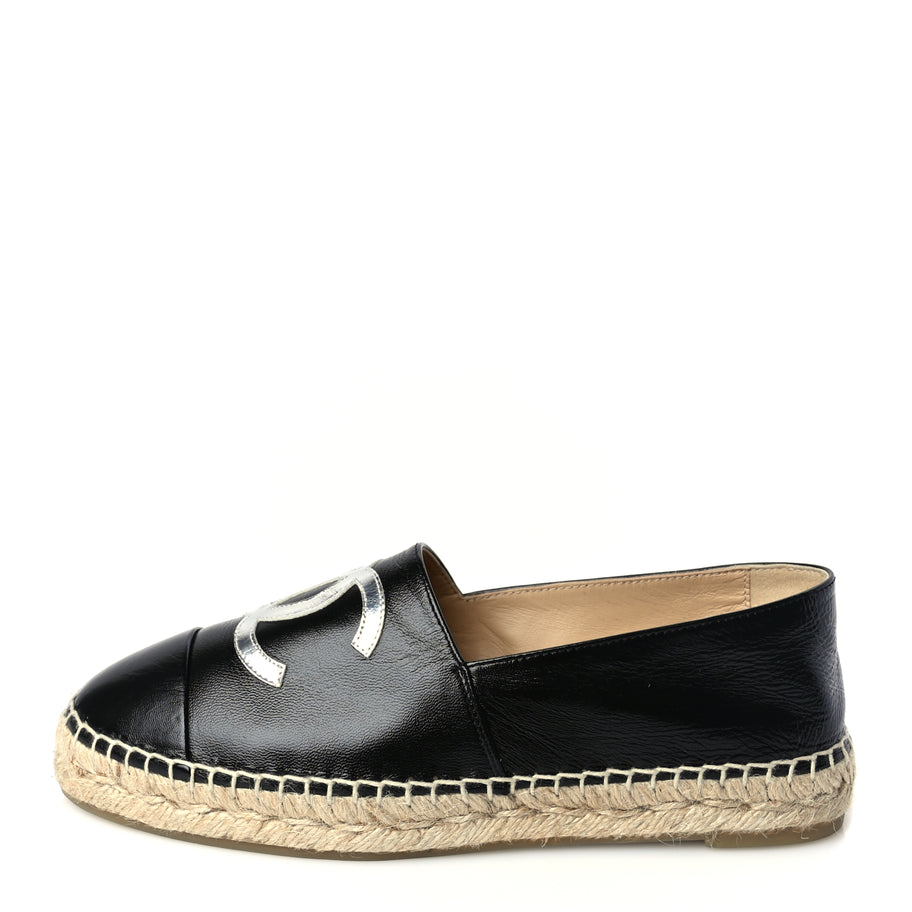 Chanel Patent Calfskin Metallic Goatskin CC Espadrilles 37 Black Silver Image 1