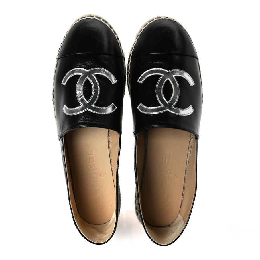 Chanel Patent Calfskin Metallic Goatskin CC Espadrilles 37 Black Silver Image 2