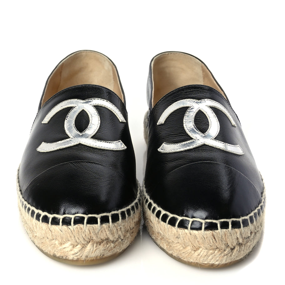 Chanel Patent Calfskin Metallic Goatskin CC Espadrilles 37 Black Silver Image 3