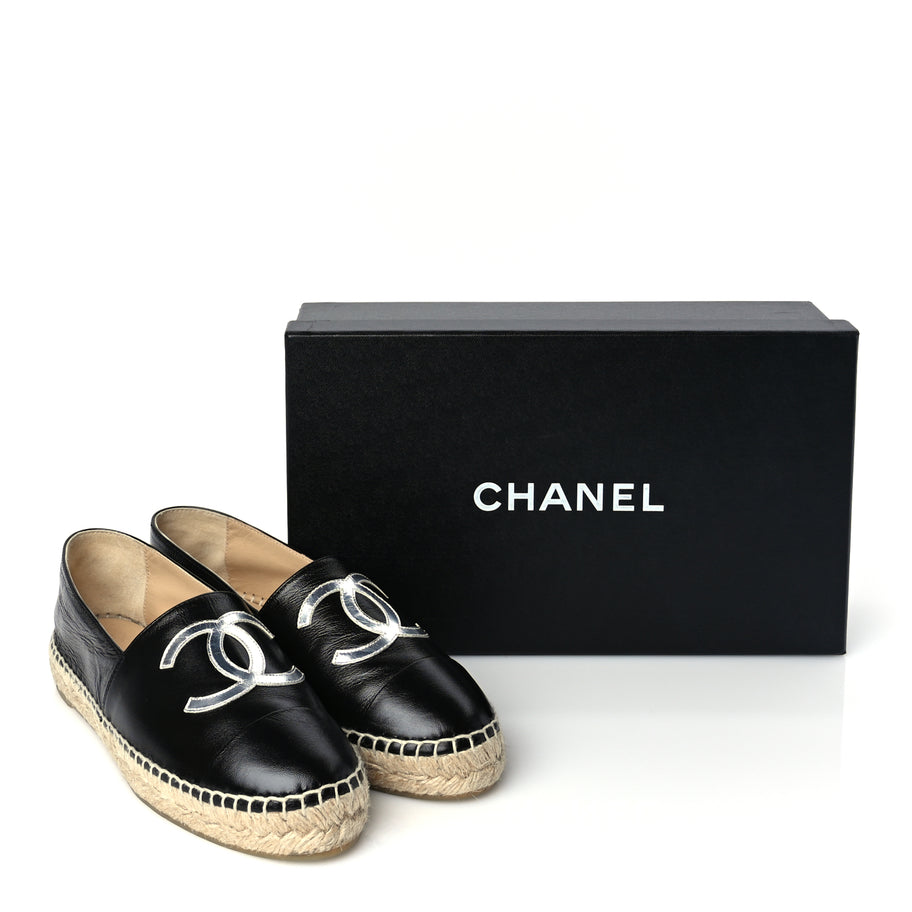 Chanel Patent Calfskin Metallic Goatskin CC Espadrilles 37 Black Silver Image 9