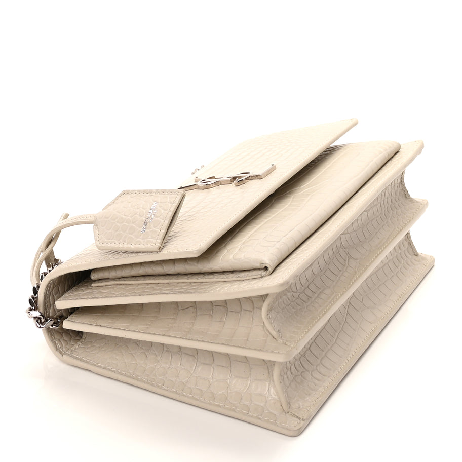 Saint Laurent Calfskin Crocodile Embossed Medium Monogram Sunset Blanc Vintage Image 7