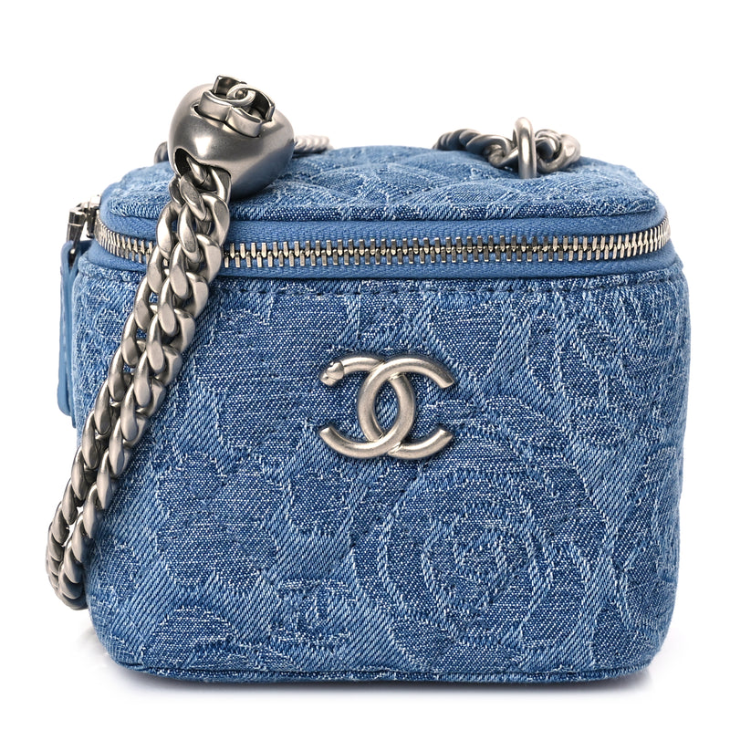  Chanel Denim Quilted Camellia Sweetheart Mini Vanity Case With Chain Blue