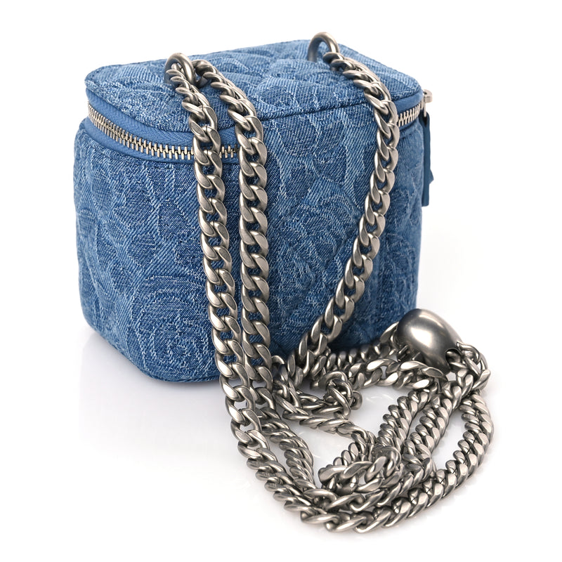  Chanel Denim Quilted Camellia Sweetheart Mini Vanity Case With Chain Blue