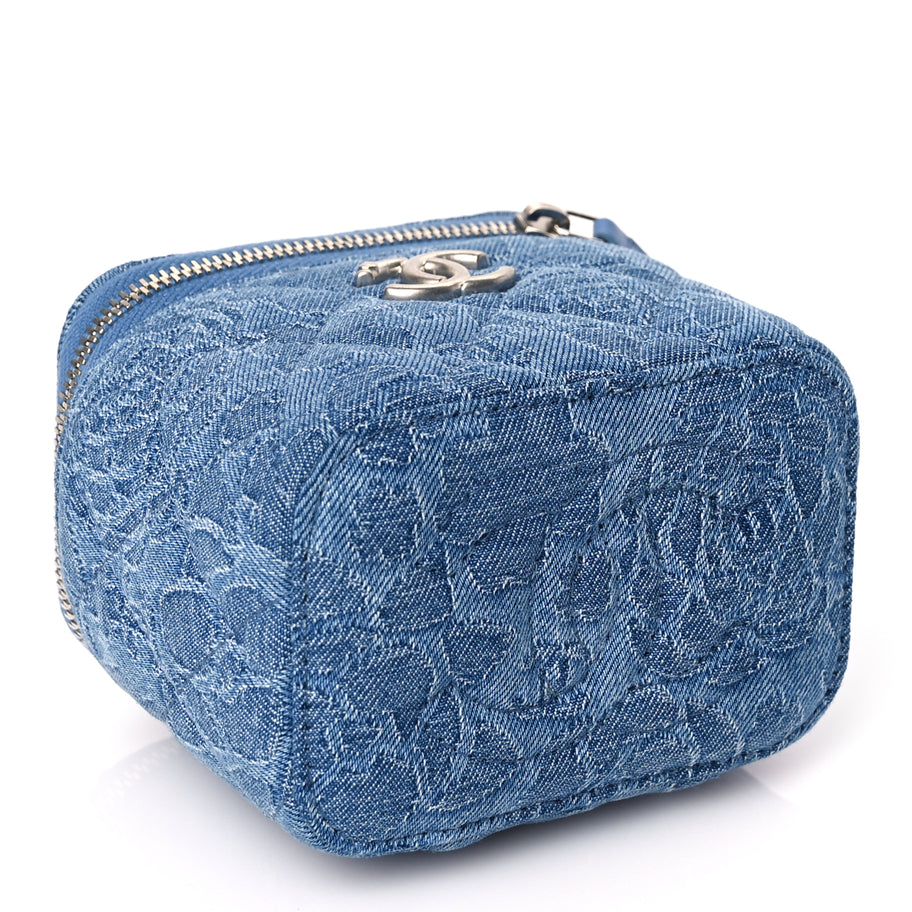 Chanel Denim Quilted Camellia Sweetheart Mini Vanity Case With Chain Blue Image 3