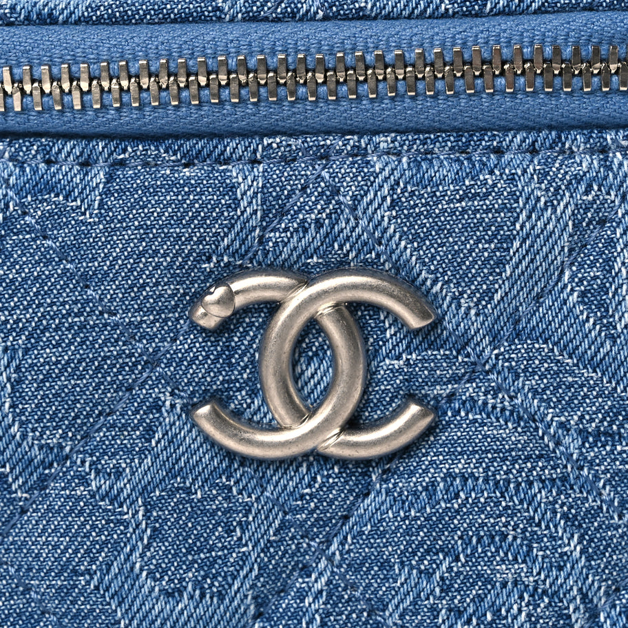 Chanel Denim Quilted Camellia Sweetheart Mini Vanity Case With Chain Blue Image 7