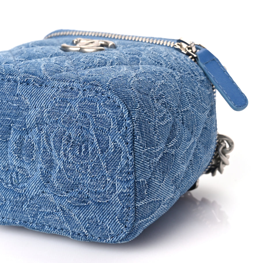 Chanel Denim Quilted Camellia Sweetheart Mini Vanity Case With Chain Blue Image 9