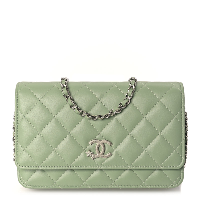  Chanel Lambskin Quilted Crystal Star Wallet On Chain WOC Green