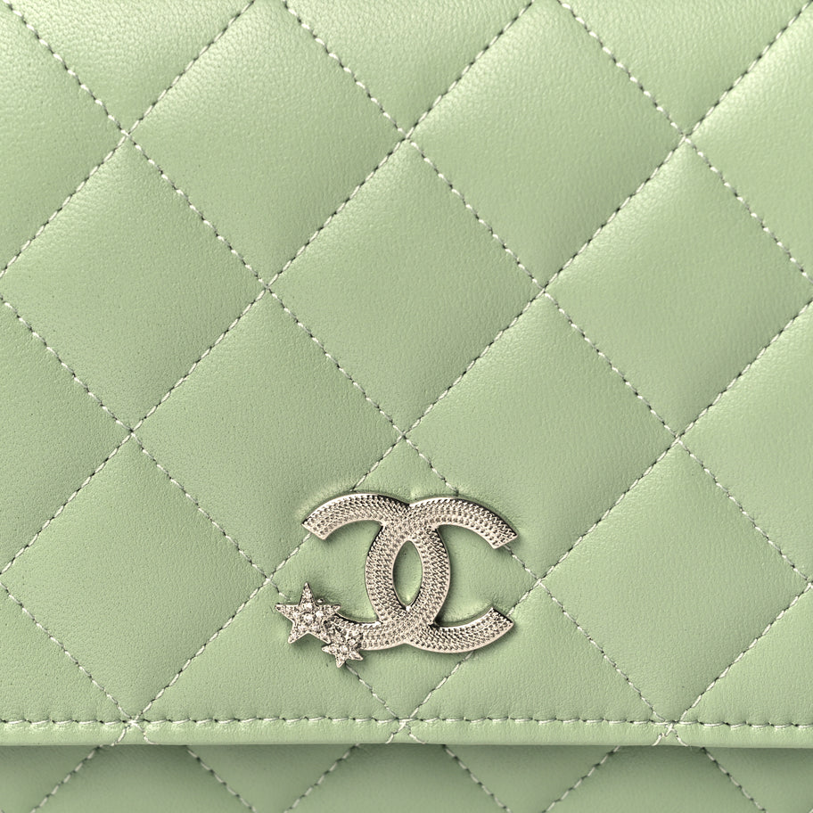 Chanel Lambskin Quilted Crystal Star Wallet On Chain WOC Green Image 7