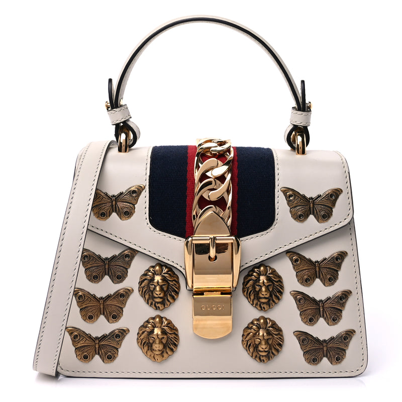  Gucci Calfskin Animal Studs Mini Sylvie Top Handle Bag White