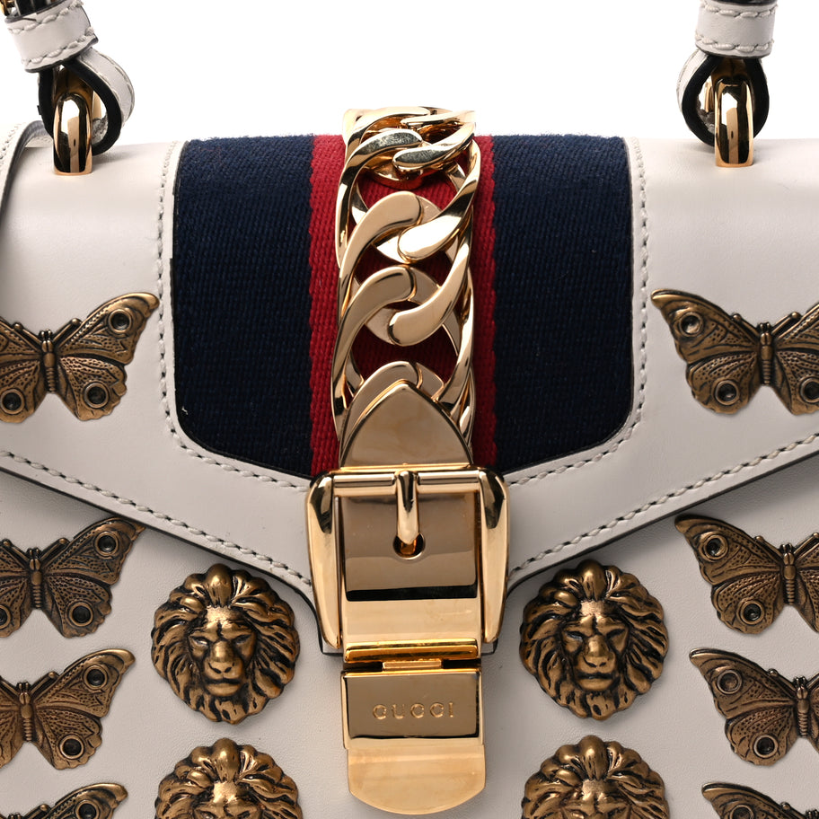 Gucci Calfskin Animal Studs Mini Sylvie Top Handle Bag White Image 5