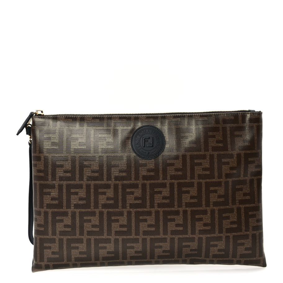 Fendi Glazed Fabric Vitello Century FF 1974 Stamp Patch Large Flat Pouch  Mogano Panna Black Image 1