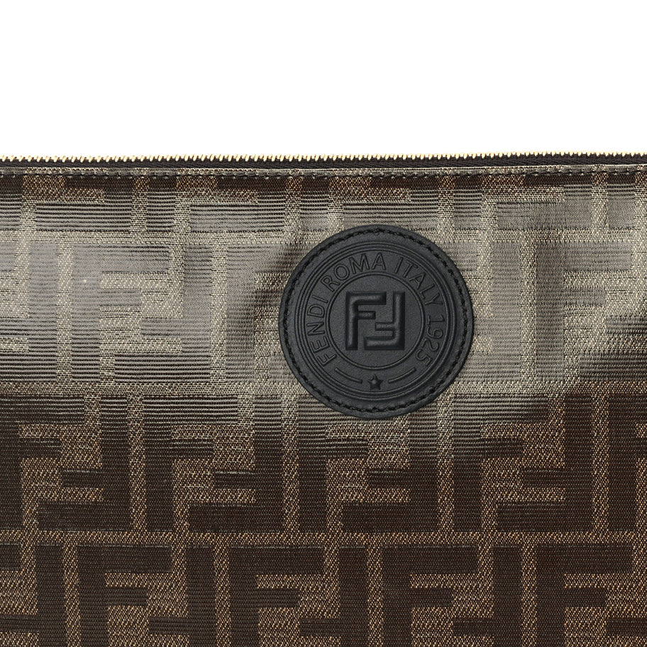 Fendi Glazed Fabric Vitello Century FF 1974 Stamp Patch Large Flat Pouch  Mogano Panna Black Image 2