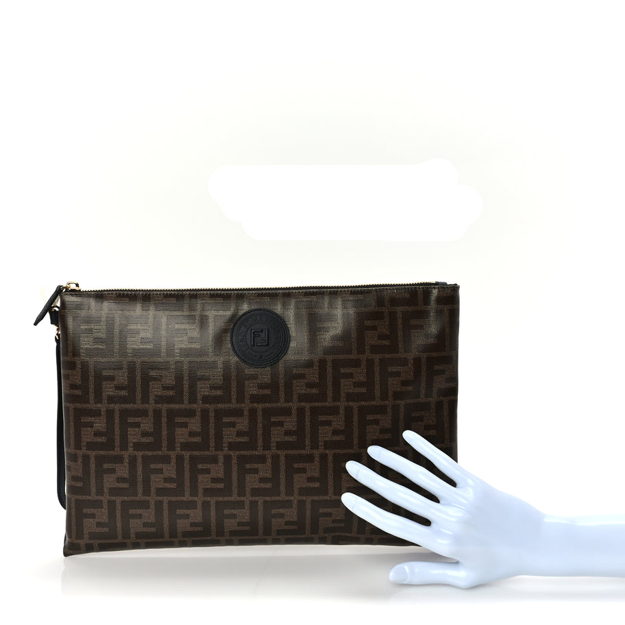 Fendi Glazed Fabric Vitello Century FF 1974 Stamp Patch Large Flat Pouch  Mogano Panna Black Image 3