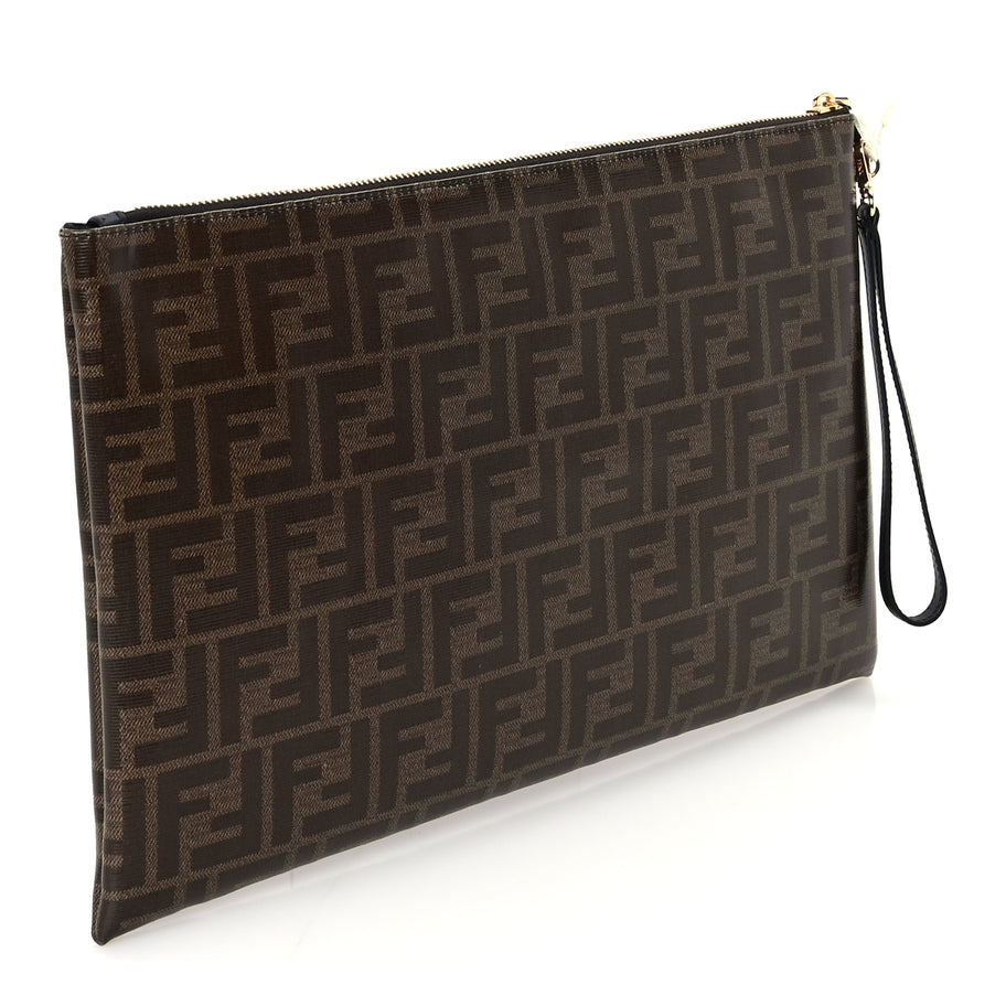 Fendi Glazed Fabric Vitello Century FF 1974 Stamp Patch Large Flat Pouch  Mogano Panna Black Image 4