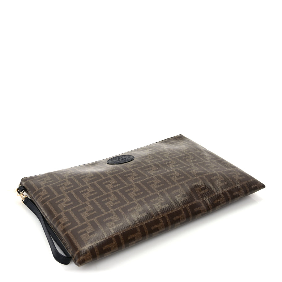 Fendi Glazed Fabric Vitello Century FF 1974 Stamp Patch Large Flat Pouch  Mogano Panna Black Image 5
