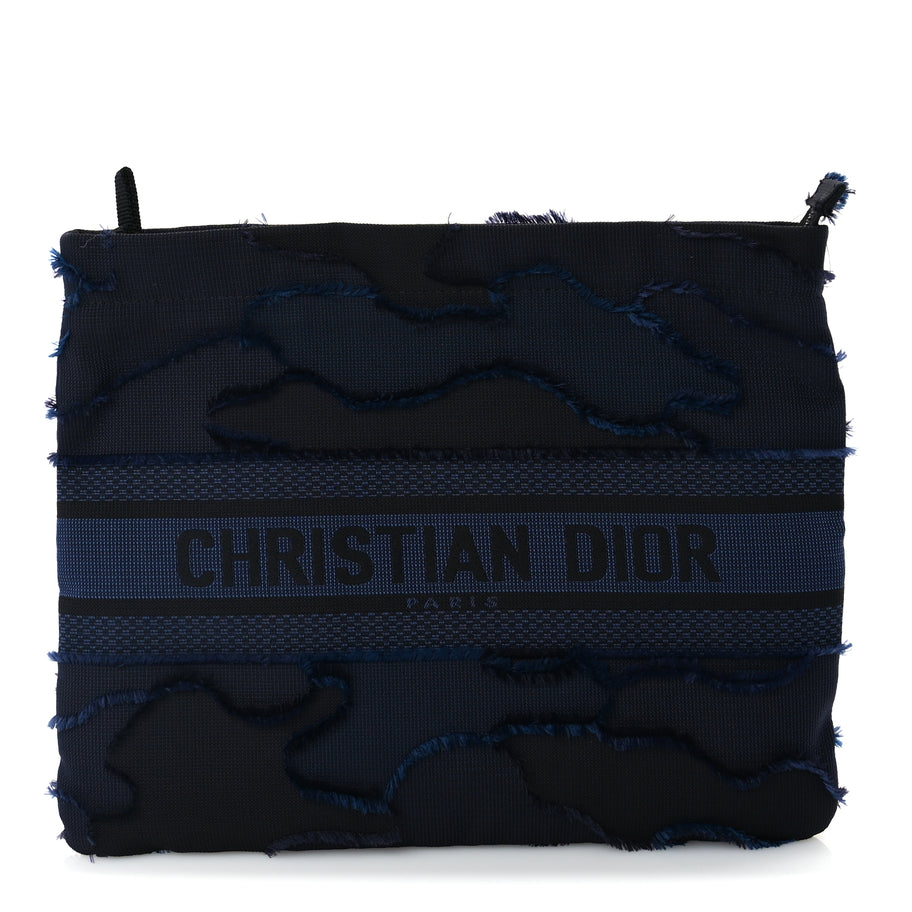 Christian Dior Canvas Embroidered Camouflage Medium Diordouble Zip Pouch Blue Image 1
