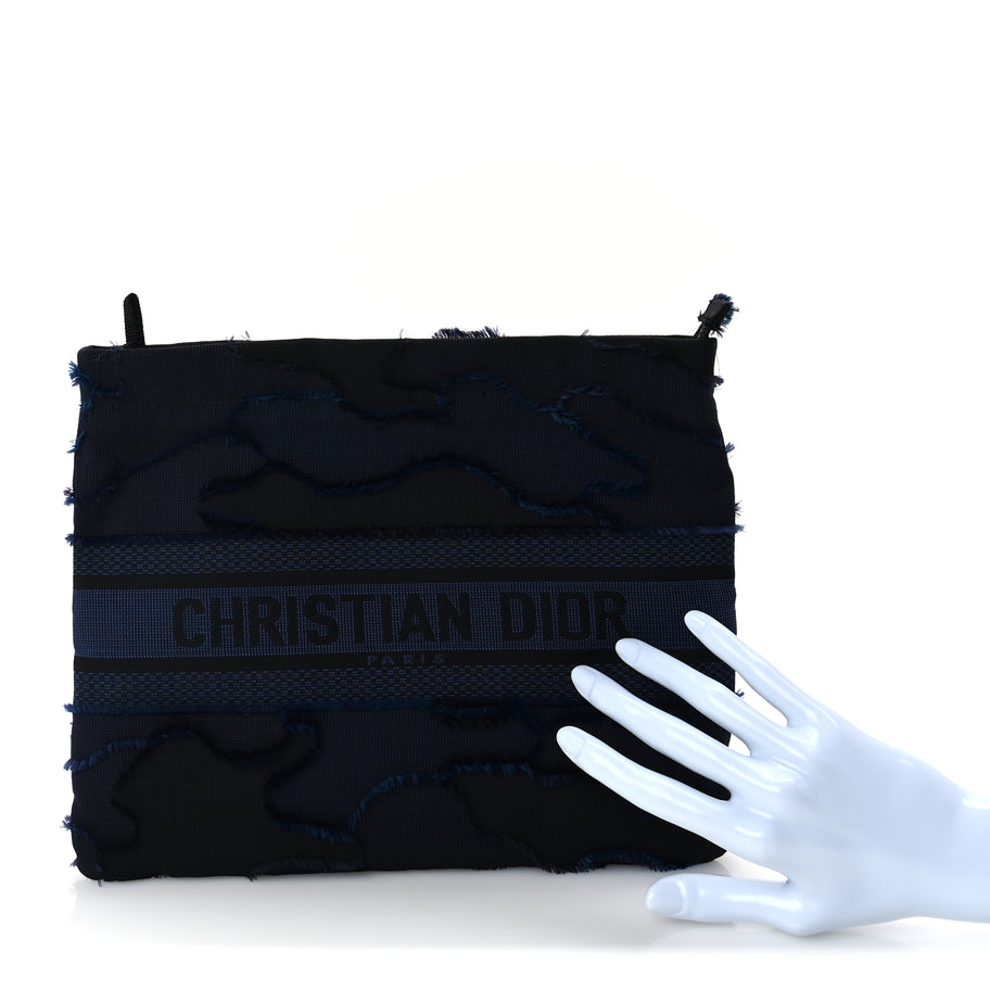 Christian Dior Canvas Embroidered Camouflage Medium Diordouble Zip Pouch Blue Image 2