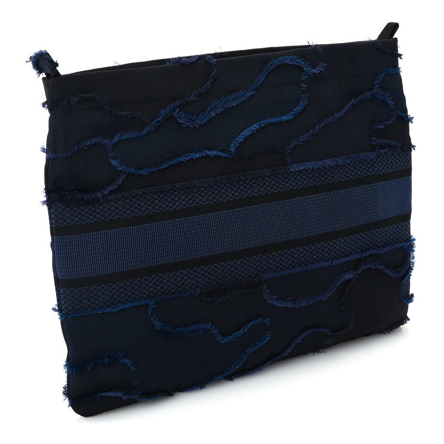 Christian Dior Canvas Embroidered Camouflage Medium Diordouble Zip Pouch Blue Image 4