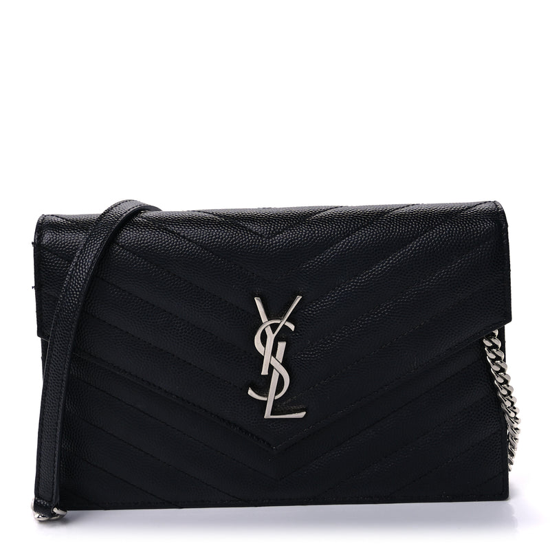  Saint Laurent Grain De Poudre Matelasse Chevron Monogram Envelope Chain Wallet Black