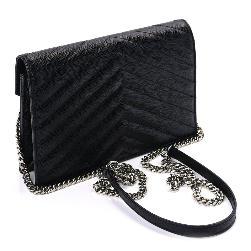  Saint Laurent Grain De Poudre Matelasse Chevron Monogram Envelope Chain Wallet Black