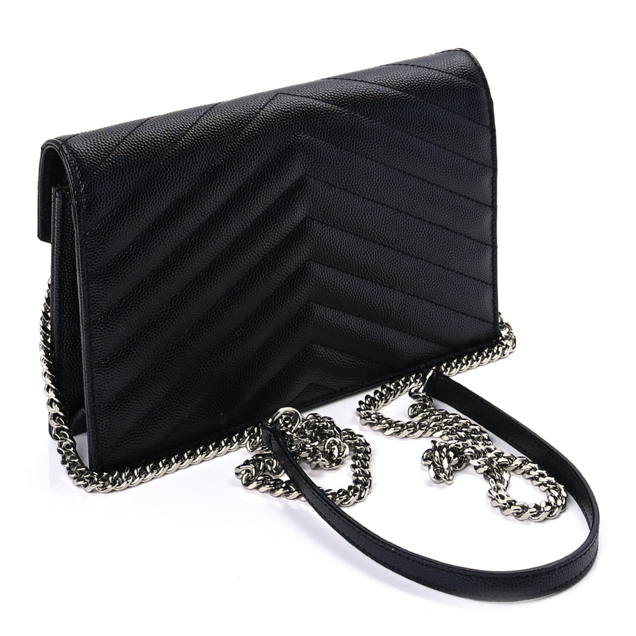 Saint Laurent Grain De Poudre Matelasse Chevron Monogram Envelope Chain Wallet Black Image 2