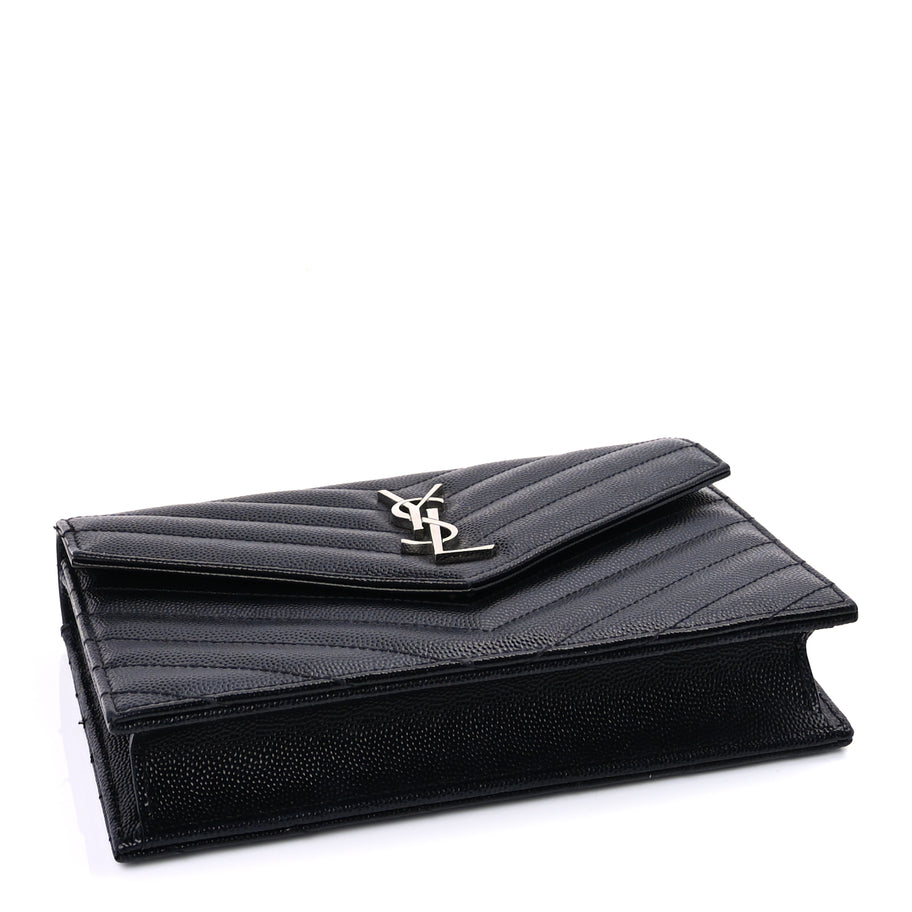 Saint Laurent Grain De Poudre Matelasse Chevron Monogram Envelope Chain Wallet Black Image 3