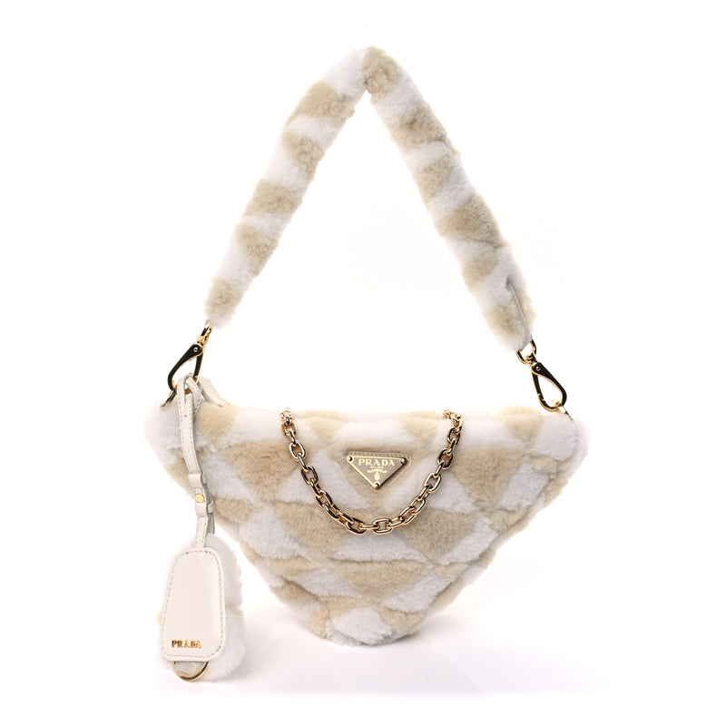  Prada Shearling Symbole Mini Triangle Bag  Ecru White