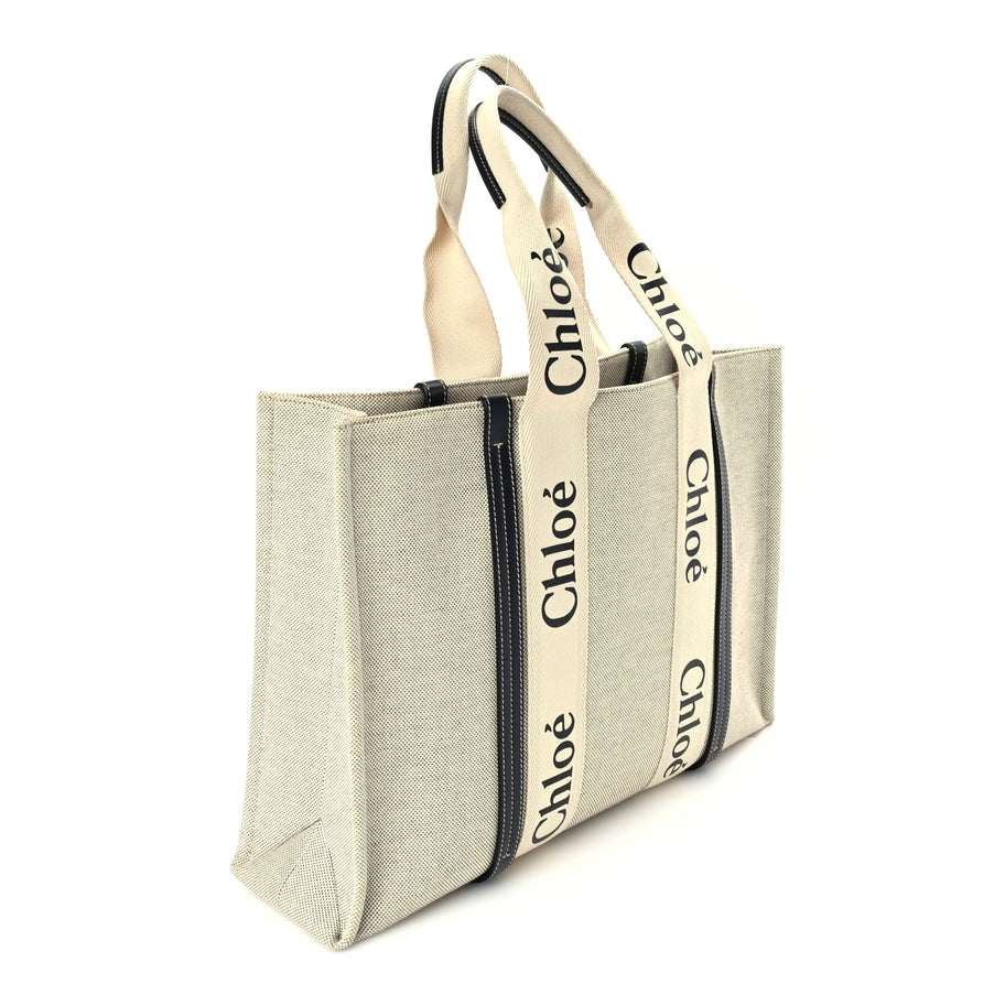 Chloe Cotton Calfskin Large Woody Ribbon Tote  White Blue Image 2