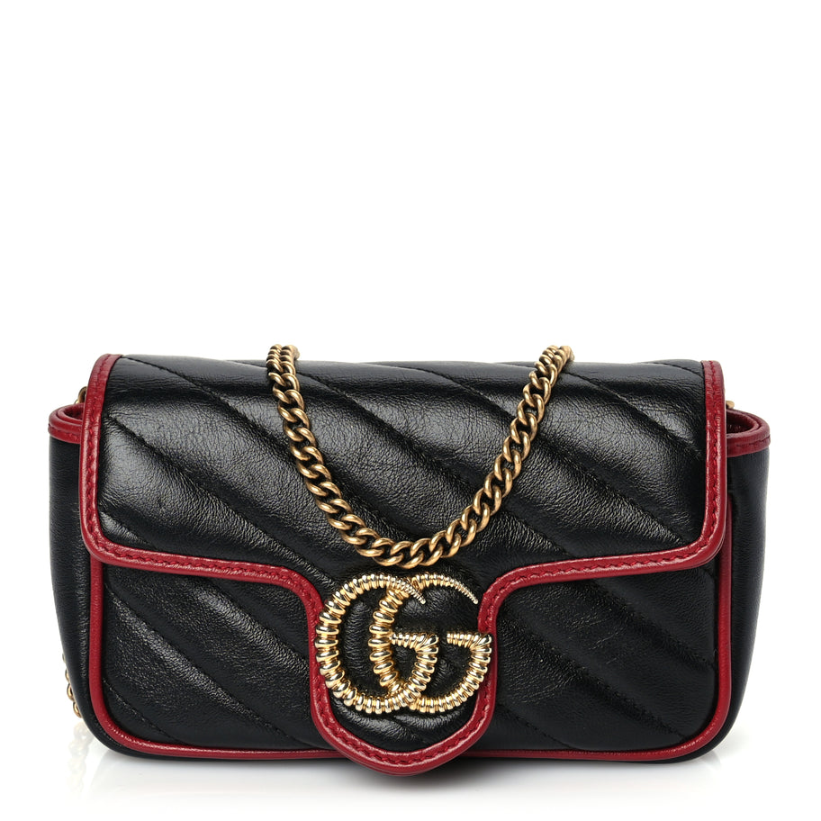 Gucci Vintage Effect Calfskin Matelasse Diagonal Super Mini Torchon GG Marmont Shoulder Bag Black Romantic Cherry Image 1