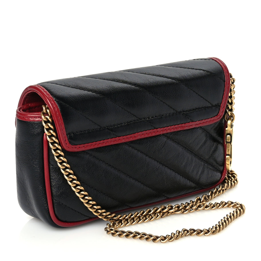 Gucci Vintage Effect Calfskin Matelasse Diagonal Super Mini Torchon GG Marmont Shoulder Bag Black Romantic Cherry Image 2
