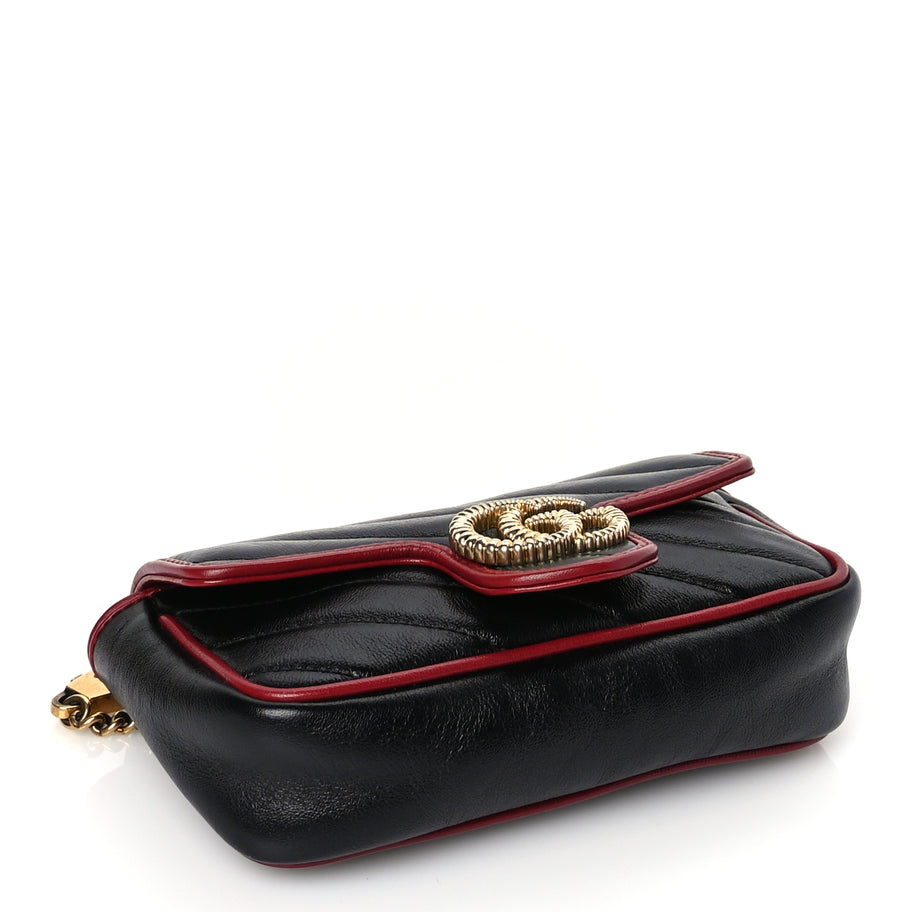 Gucci Vintage Effect Calfskin Matelasse Diagonal Super Mini Torchon GG Marmont Shoulder Bag Black Romantic Cherry Image 3