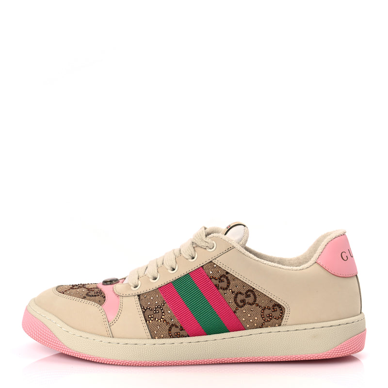  Gucci Calfskin GG Supreme Crystals Web Screener Sneakers Beige Ebony Wild Rose