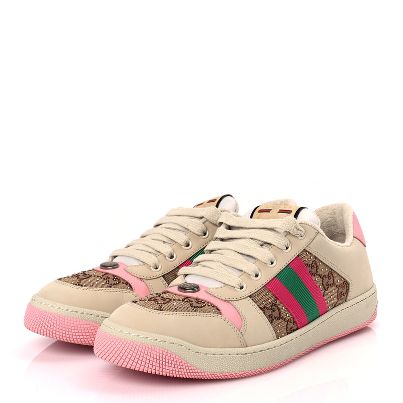  Gucci Calfskin GG Supreme Crystals Web Screener Sneakers Beige Ebony Wild Rose