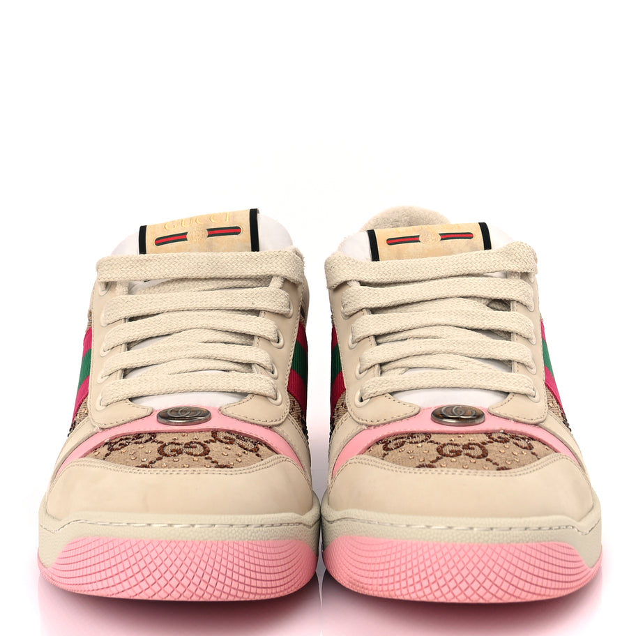 Gucci Calfskin GG Supreme Crystals Web Screener Sneakers Beige Ebony Wild Rose Image 6