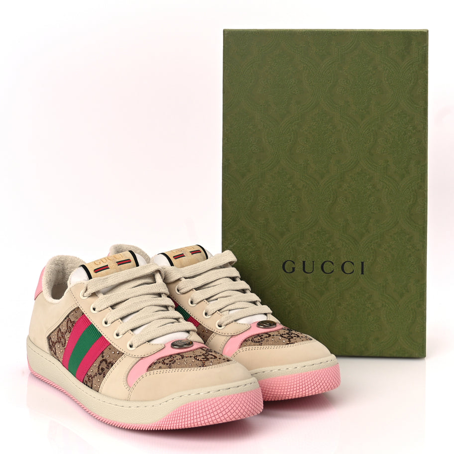 Gucci Calfskin GG Supreme Crystals Web Screener Sneakers Beige Ebony Wild Rose Image 9