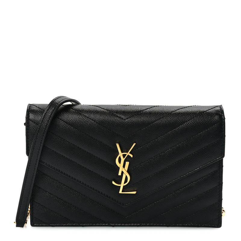  Saint Laurent Grain De Poudre Matelasse Chevron Monogram Envelope Chain Wallet Black