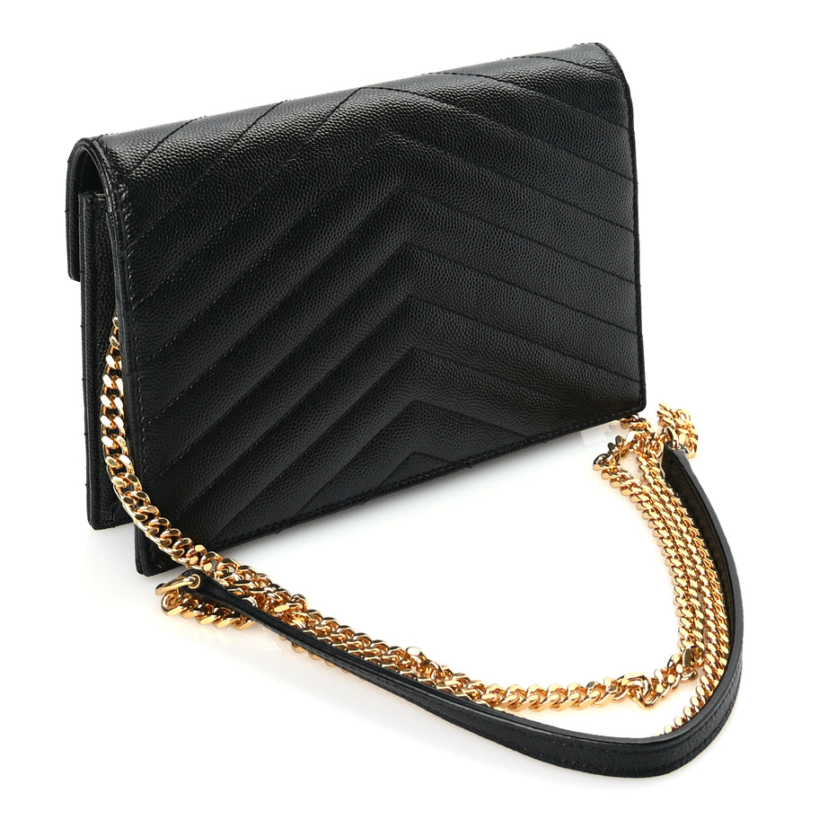 Saint Laurent Grain De Poudre Matelasse Chevron Monogram Envelope Chain Wallet Black Image 2