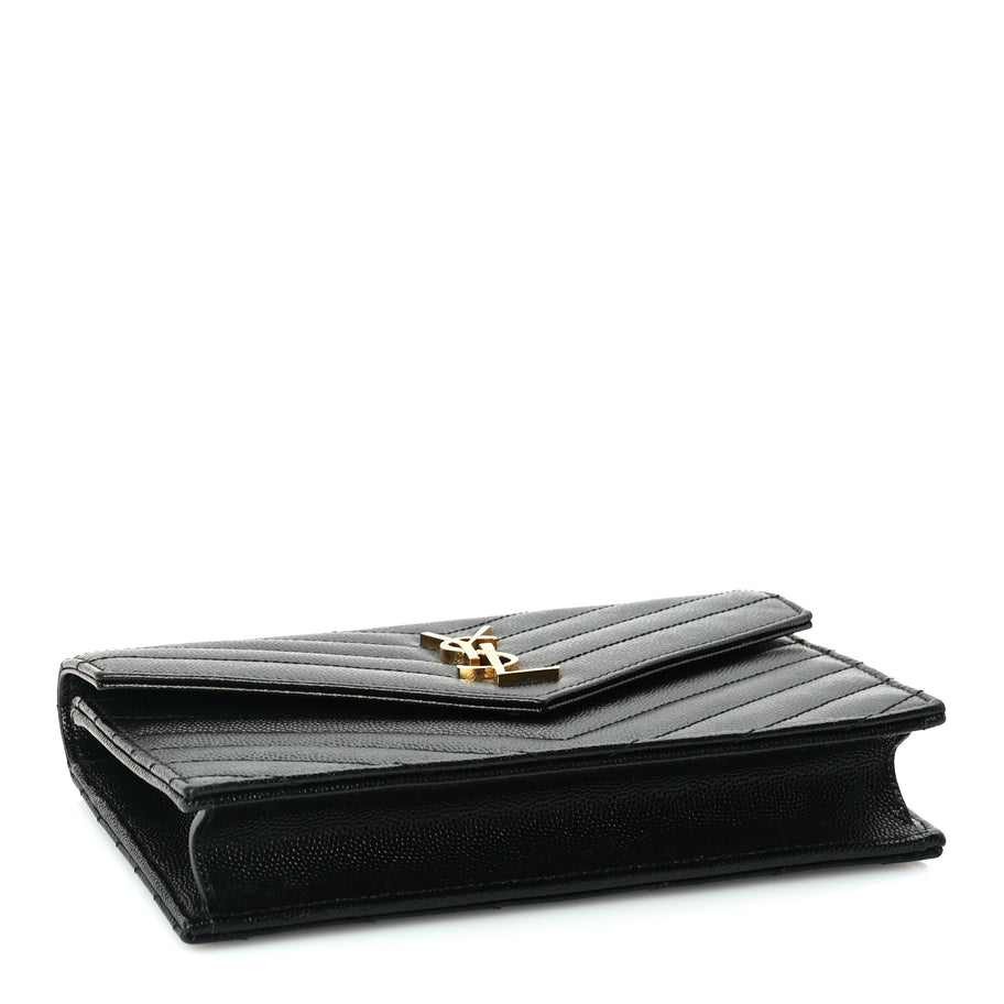 Saint Laurent Grain De Poudre Matelasse Chevron Monogram Envelope Chain Wallet Black Image 3
