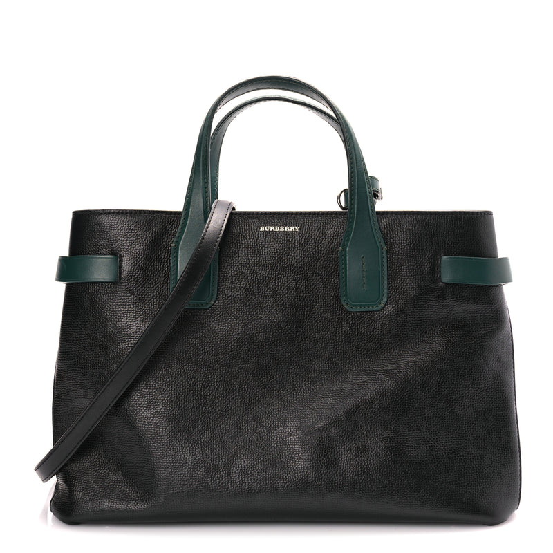  Burberry Derby Calfskin House Check Medium Banner Tote Black Sea Green