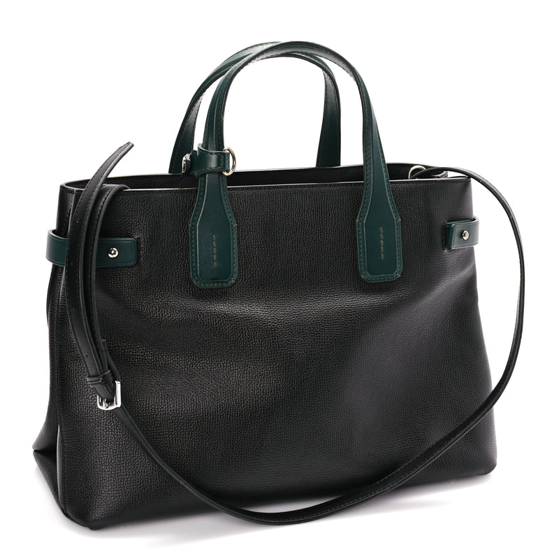  Burberry Derby Calfskin House Check Medium Banner Tote Black Sea Green