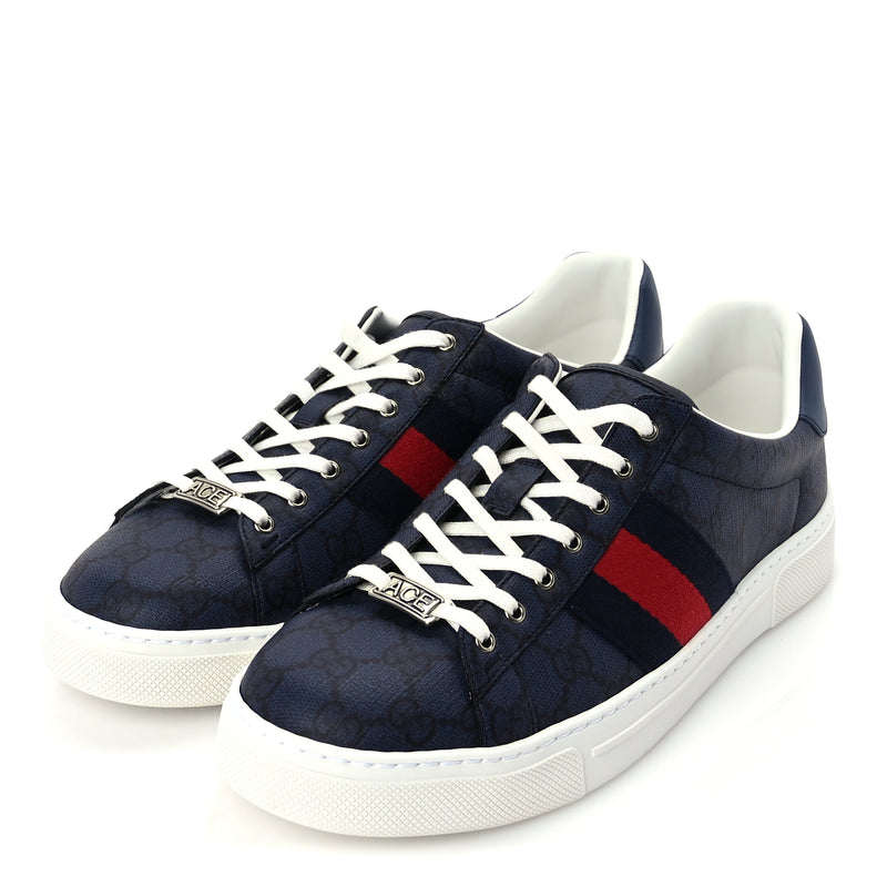  Gucci GG Supreme Monogram Web Mens New Ace Sneakers 8  Dark Blue