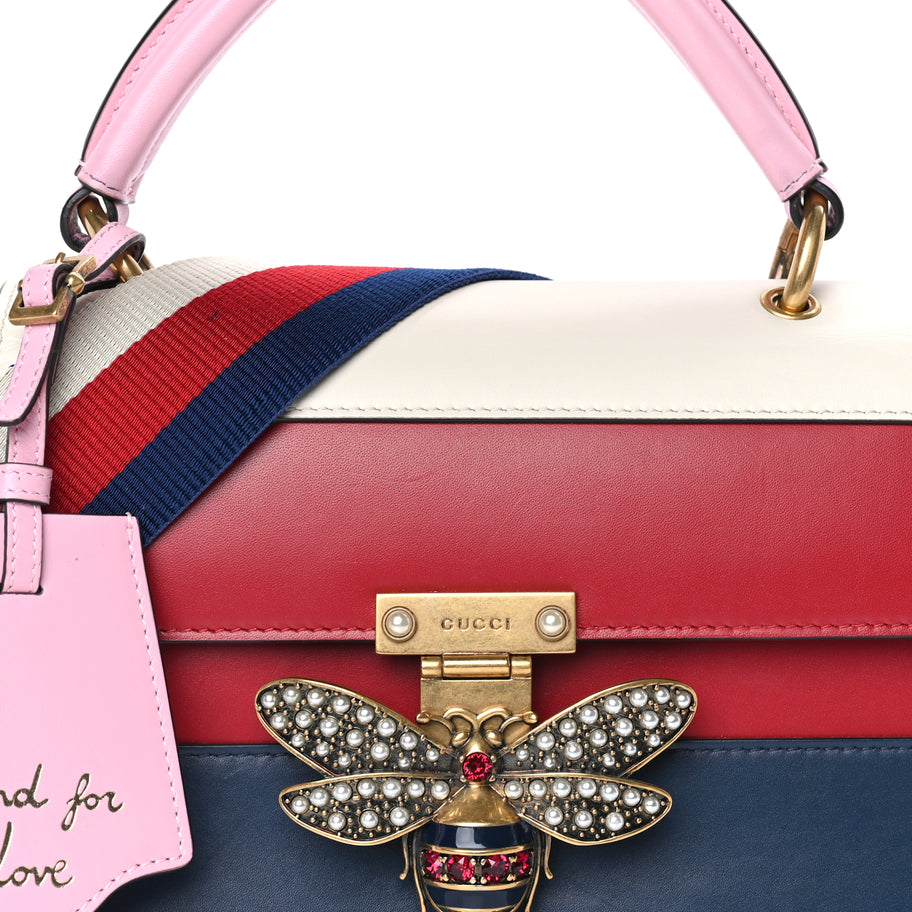 Gucci Calfskin Sylvie Web Small Queen Margaret Top Handle Bag Blue Agata Hibiscus Red Mystic White Sugar Pink Image 6