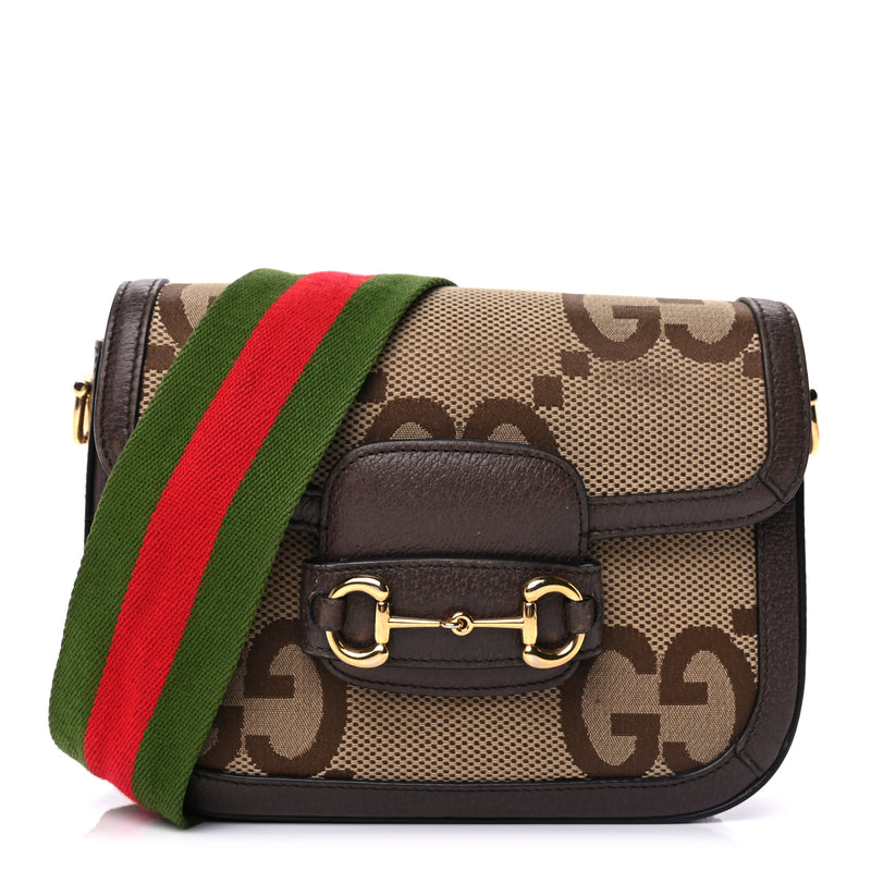  Gucci Monogram Jumbo GG Textured Dollar Calfskin Web Mini Horsebit 1955 Shoulder Bag Camel Ebony New Acero
