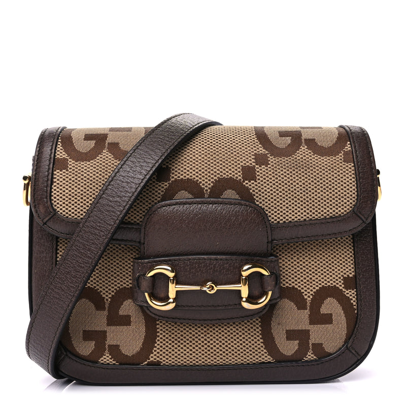  Gucci Monogram Jumbo GG Textured Dollar Calfskin Web Mini Horsebit 1955 Shoulder Bag Camel Ebony New Acero